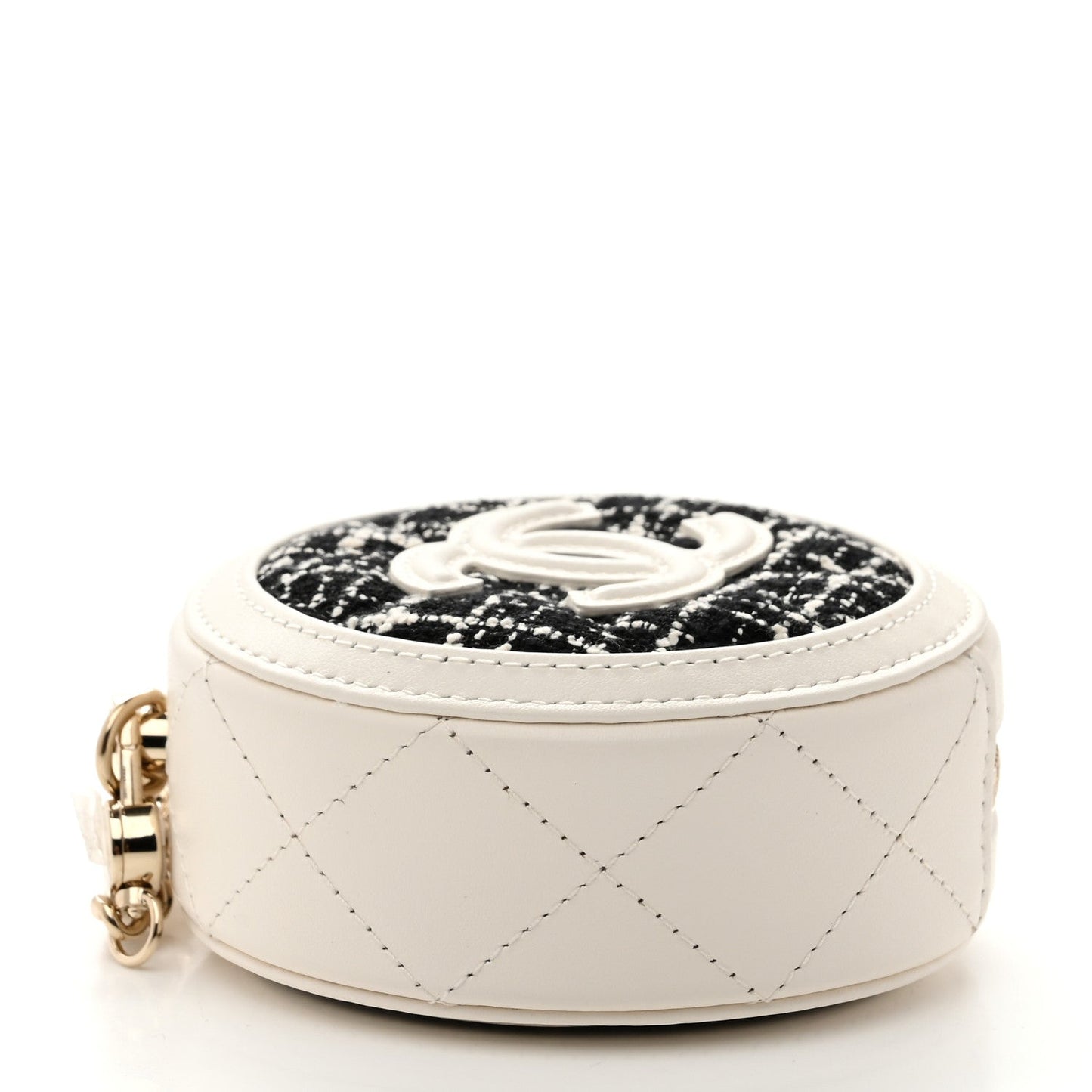 Tweed Quilted Round Filigree Pouch With Chain White Black