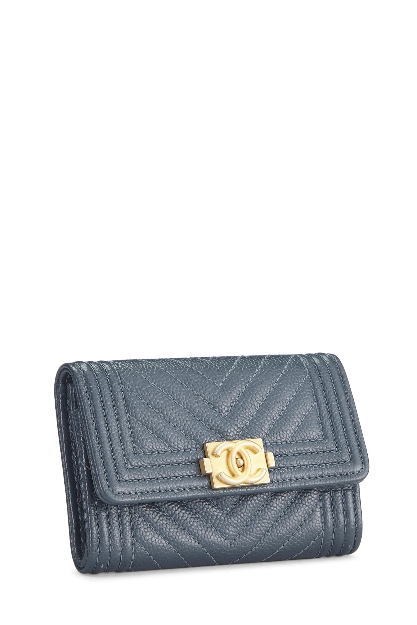 Chanel, Blue Caviar Chevron Boy Coin Purse, Blue