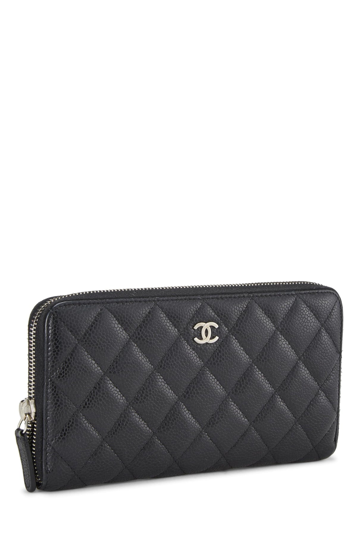 Chanel, Black Quilted Caviar Zip Around Wallet, Black