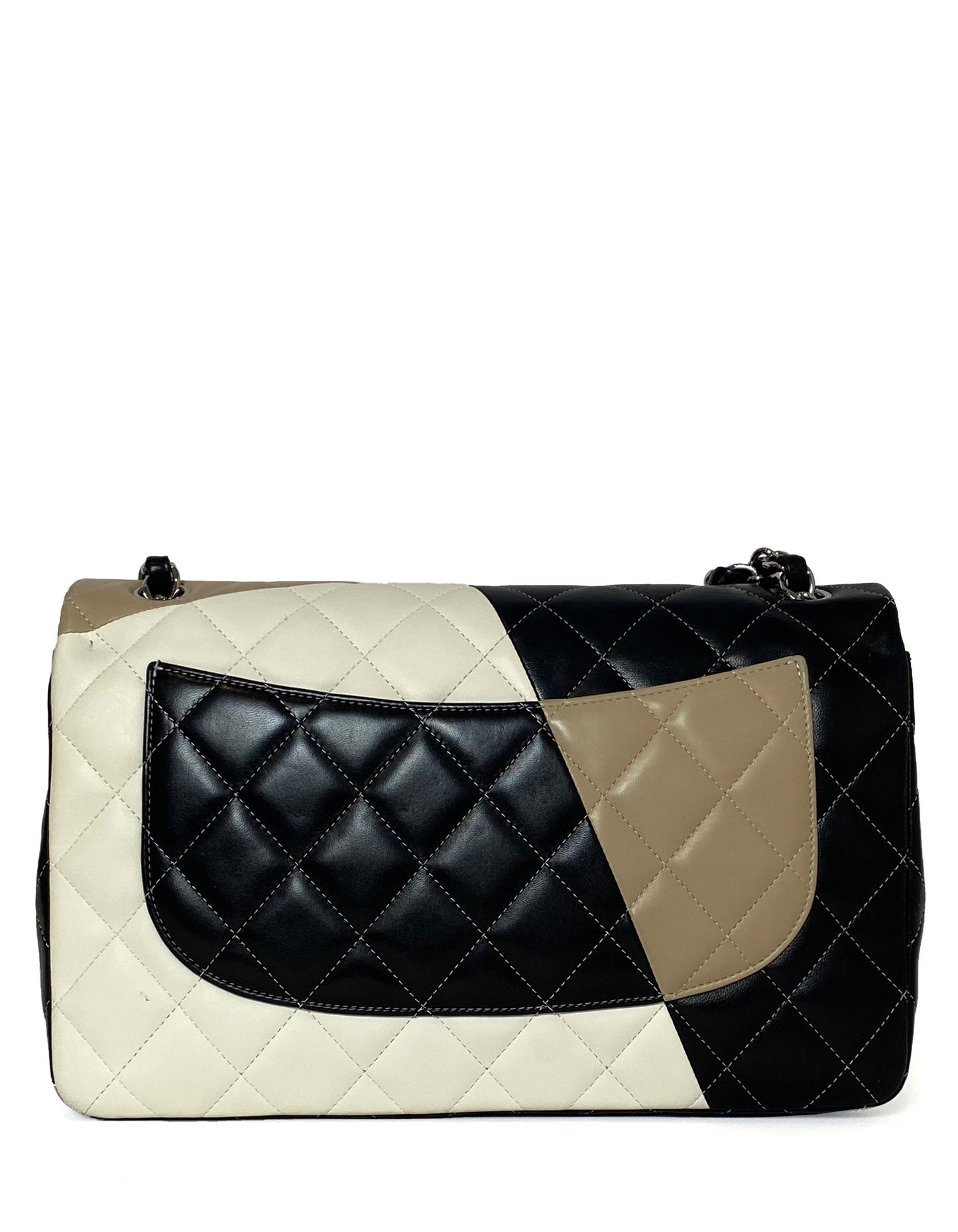 Chanel White/Beige/Black Lambskin Quilted Colorblock Double Flap Jumbo