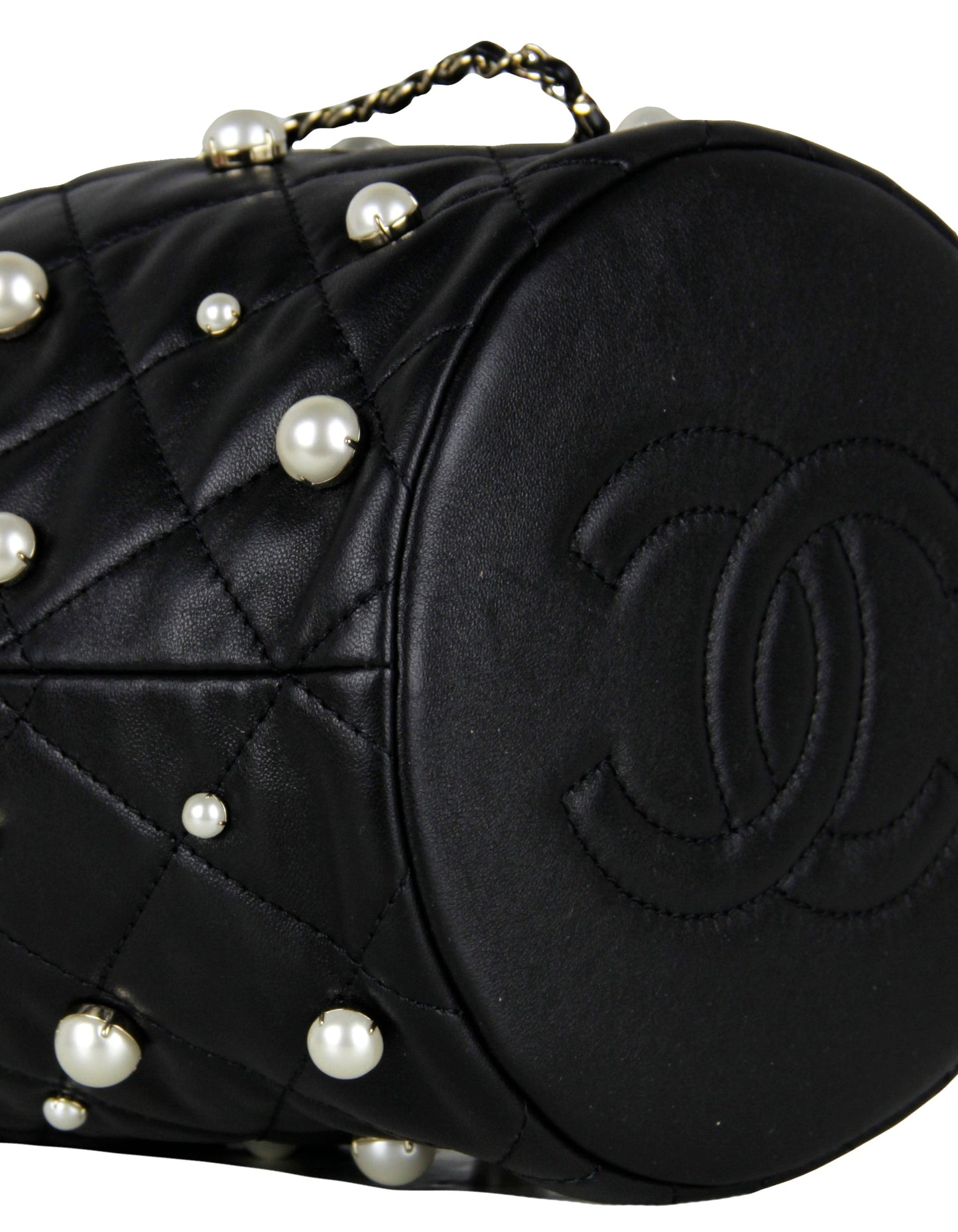 Chanel Black Leather Pearl Bucket Bag