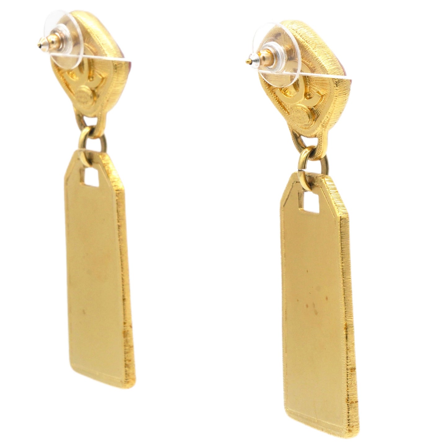 Pink Stone Badget CC Tags Drop Earrings Gold