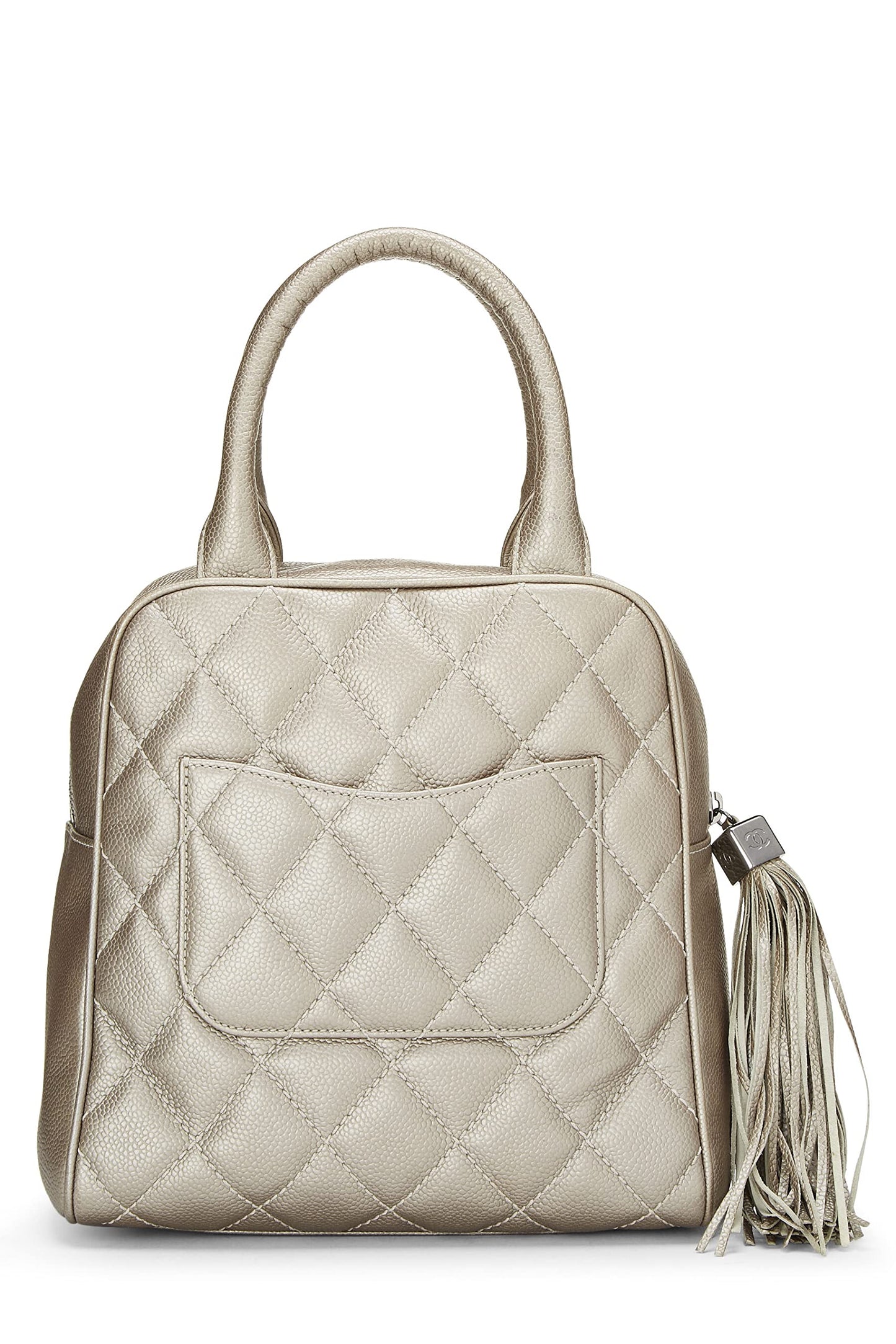 Chanel, Metallic Silver Quilted Caviar Tassel Handbag, Silver