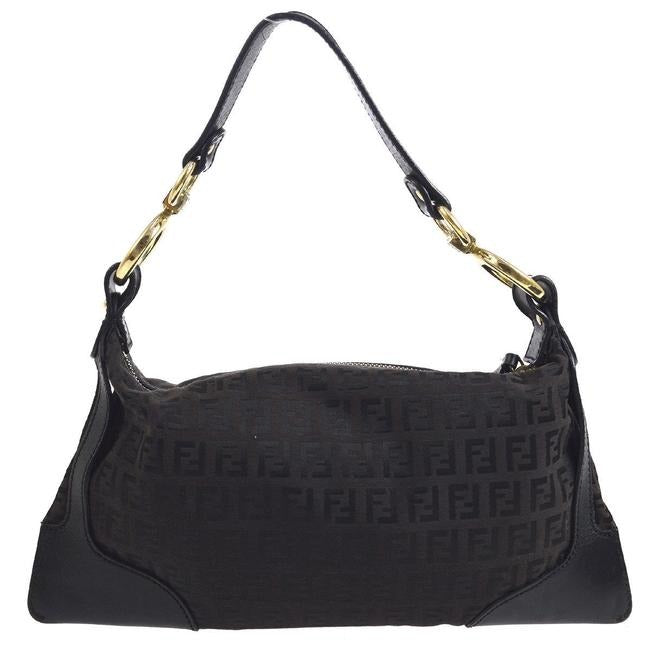 Fendi Chef Medium Sized Shoulder Purse Black Zucchino Or Small F Logo Print On Brown Canvas And Blac
