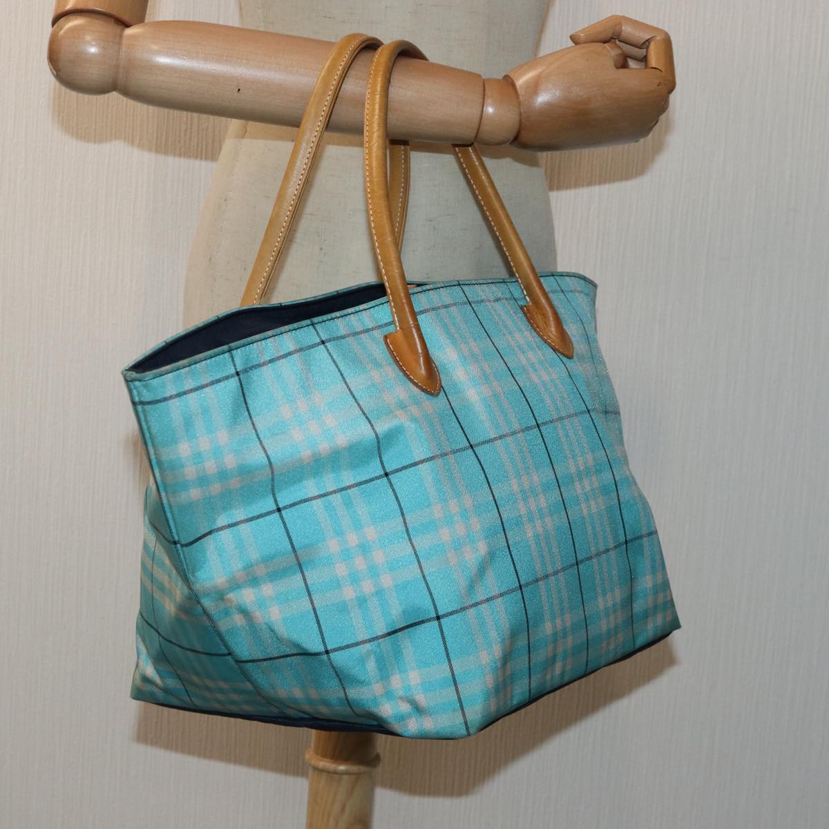 BURBERRYSs Nova Check Blue Label Tote Bag Nylon Light Blue Silver Auth 88783