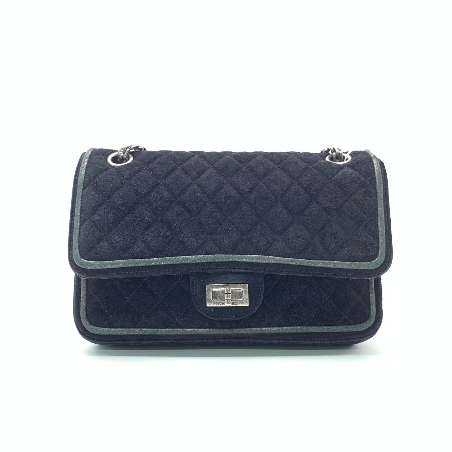Chanel 2.55 Double Flap Medium Suede Leather Navy Silver HW, 2016