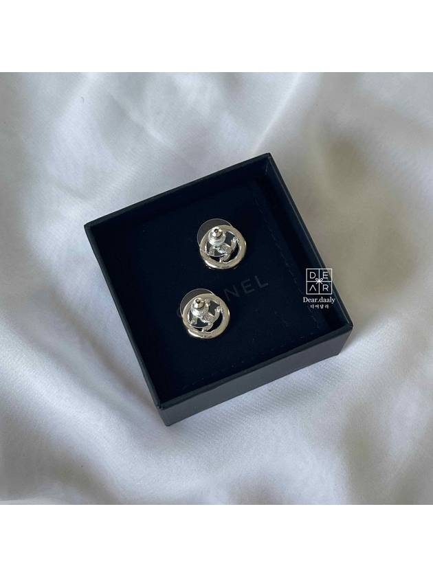 CC Logo Round Crystal Earrings Silver Chanel