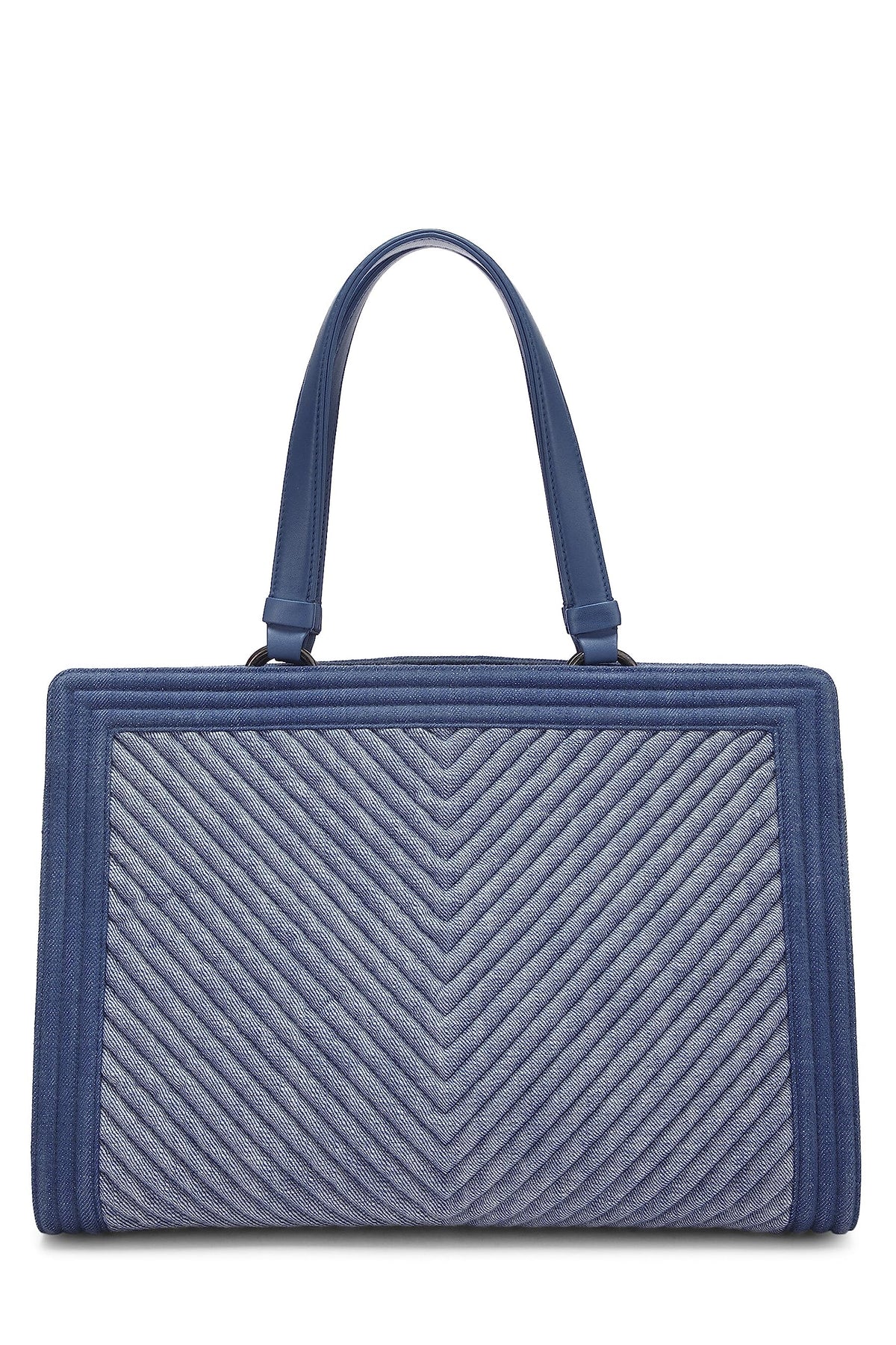 Chanel, Blue Denim Chevron Boy Shopping Tote Large, Blue