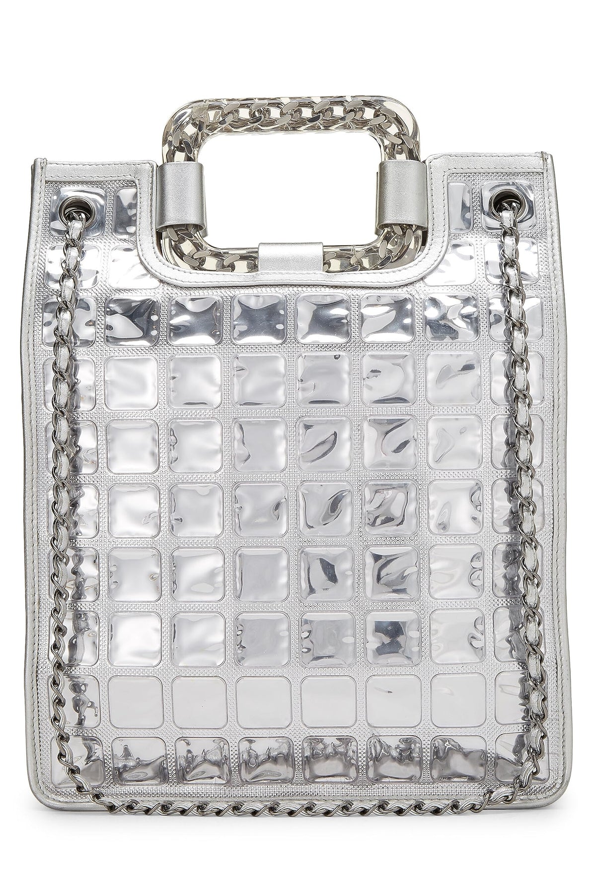 Chanel, Metallic Silver Quilted Leather Ice Cube Shopping Tote, Silver