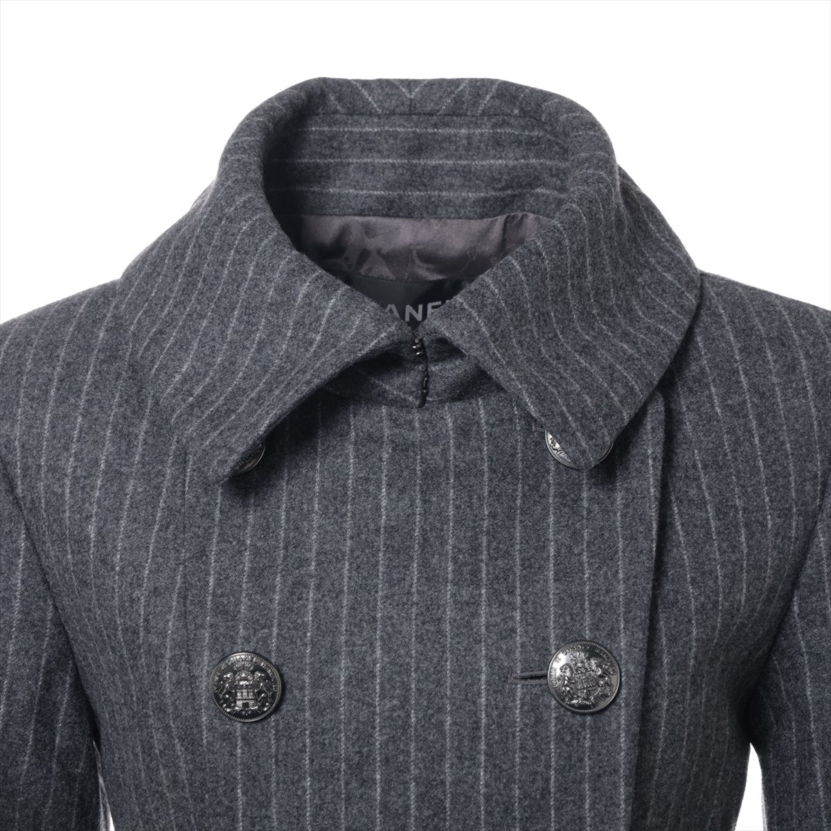 Chanel Coconut Button Wool Silk Long Coat 34 Grey P59015 Strip