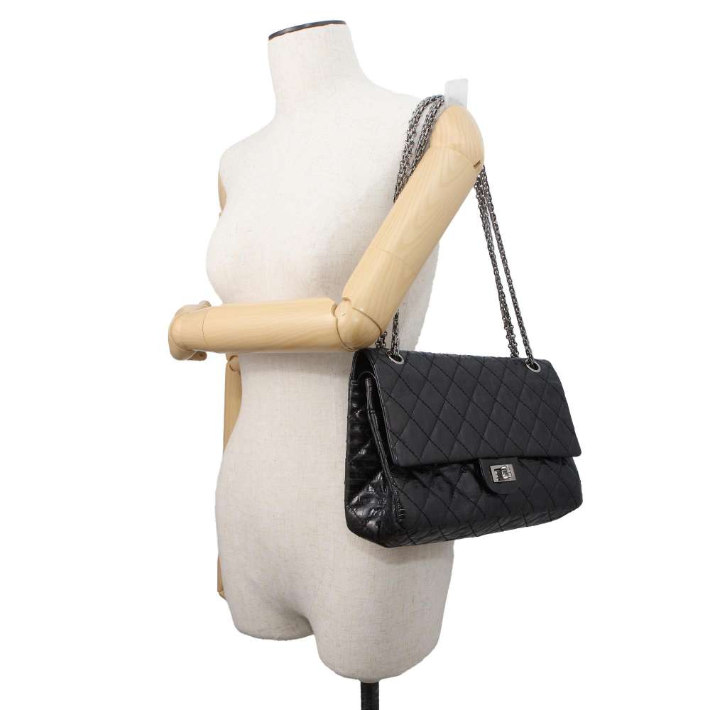 CHANEL 2.55 W Flap W Chain Shoulder Bag Stripe Black A37587 Leather Size Large