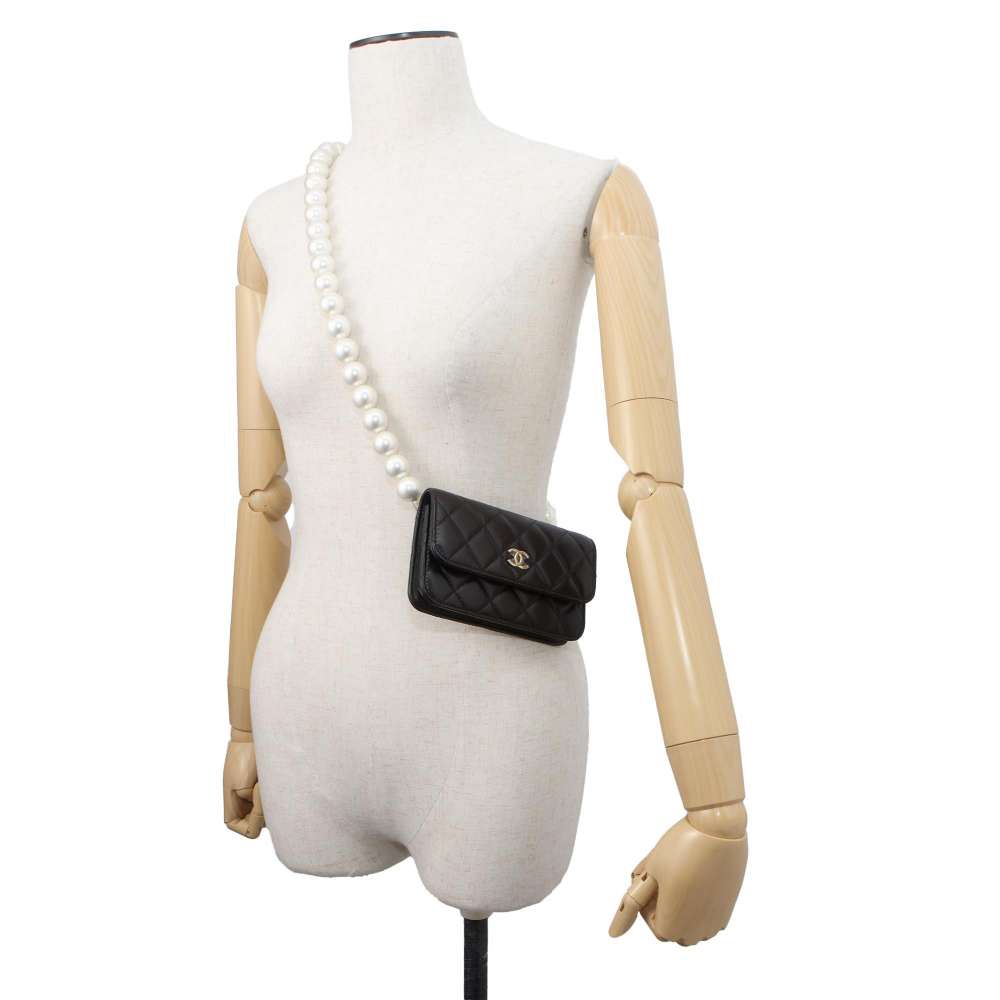 CHANEL Matelasse Shoulder Bag Faux Pearl Black AP1898 Lambskin