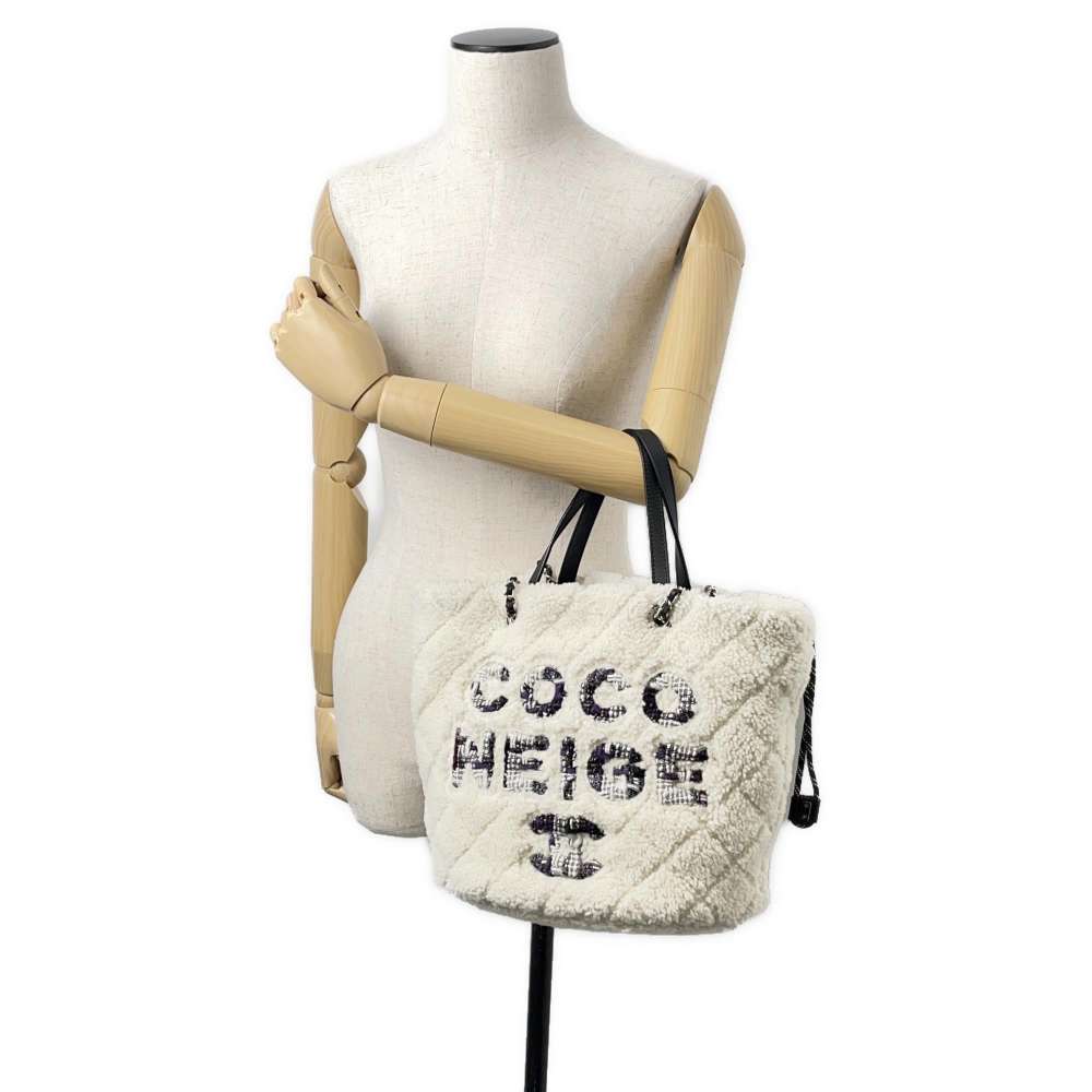 CHANEL Coco Neige 2wayShoulder White/Black AS0981 Mouton Tweed Leather
