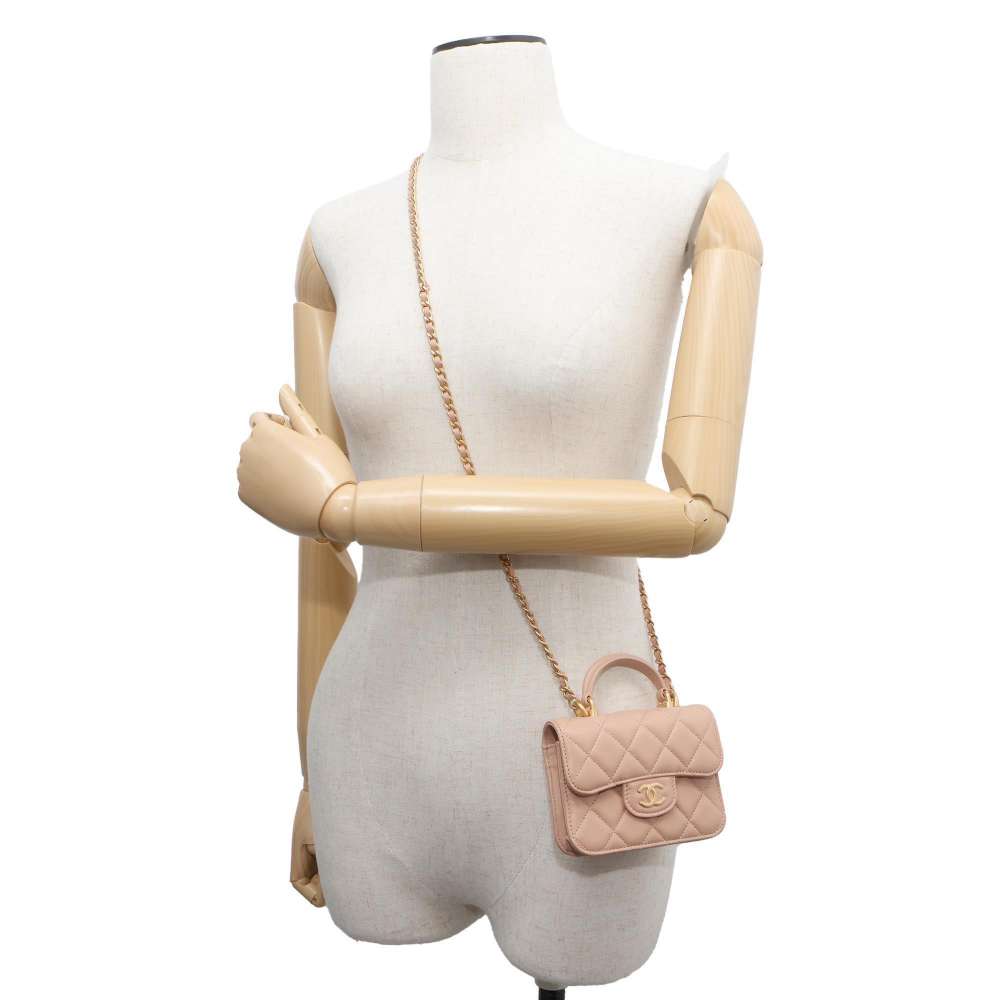 CHANEL Matelasse Top Handle Mini ChainShoulder Beige AP2200 Lambskin