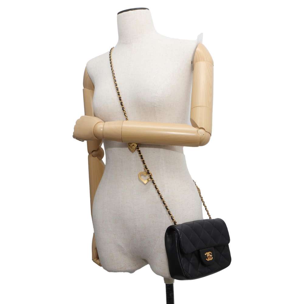 Chanel Matelasse Heart Bag Charm Chain Shoulder Black AS3456 Lambskin