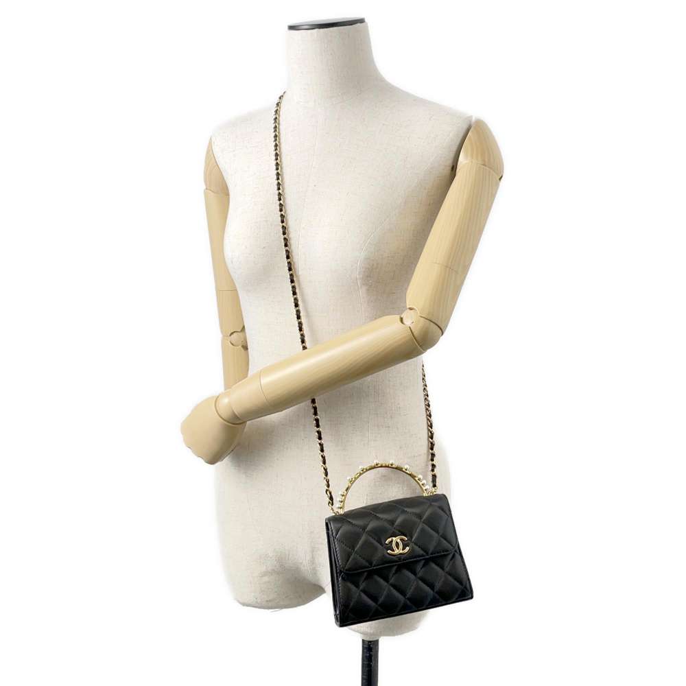 Chanel Matelasse Pearl Logo Top Handle ChainShoulder Bag Black AP3513 Lambskin