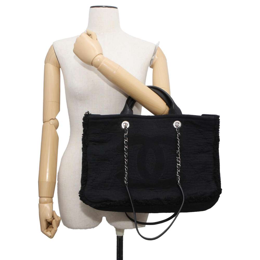 CHANEL CC Logo 2WAY Shopping Tote Black A57180 Cotton Leather Size Large