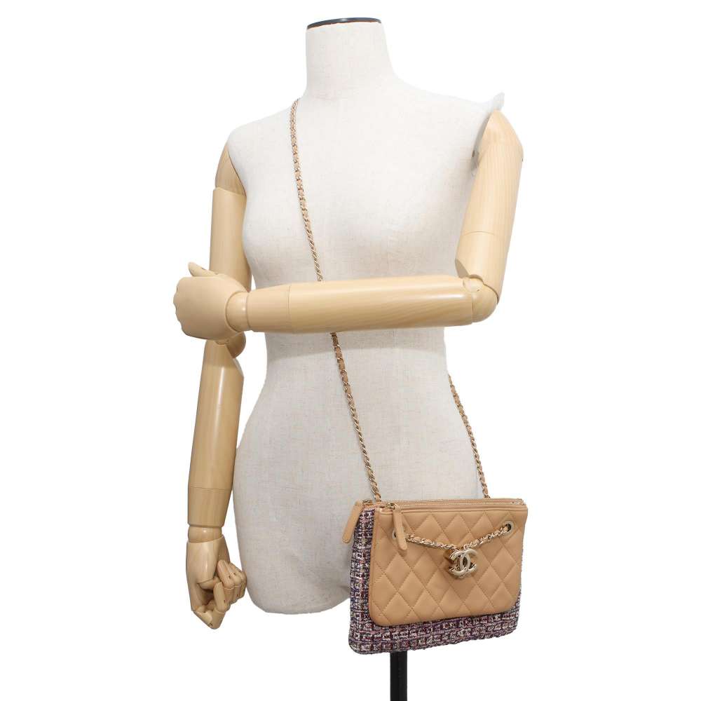 Chanel Matelasse Chain ShoulderPouch Beige/Multicolor AP1074 Leather Tweed
