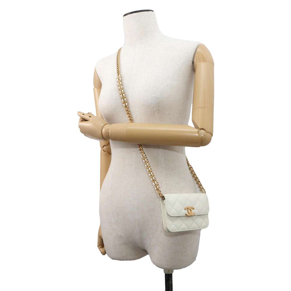 CHANEL Mini Materasse Chain Shoulder White AP2629 Caviar Leather
