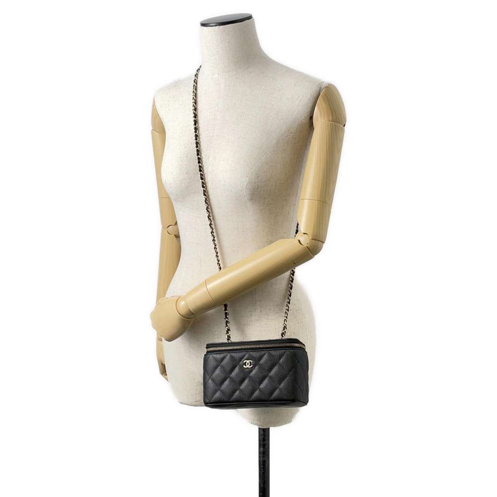CHANEL Matelasse Chain Vanity Shoulder Bag Black AP1341 Caviar Leather Size PM