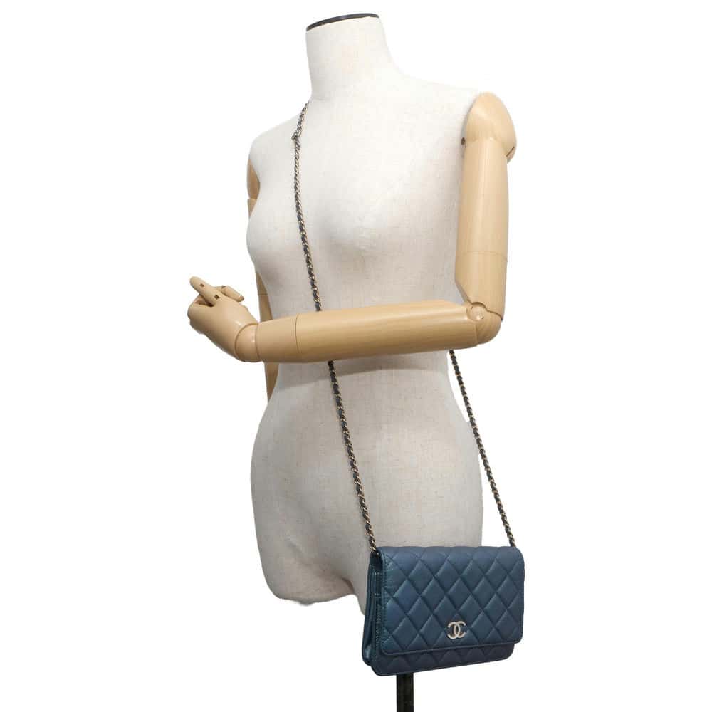 Chanel Matelasse Chain wallet Metalic Blue A33814 Caviar Leather