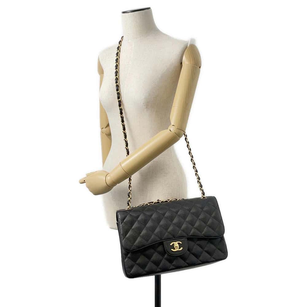 Chanel Matelasse W Flap ChainShoulder Bag Black A58600 Caviar Leather Size 30