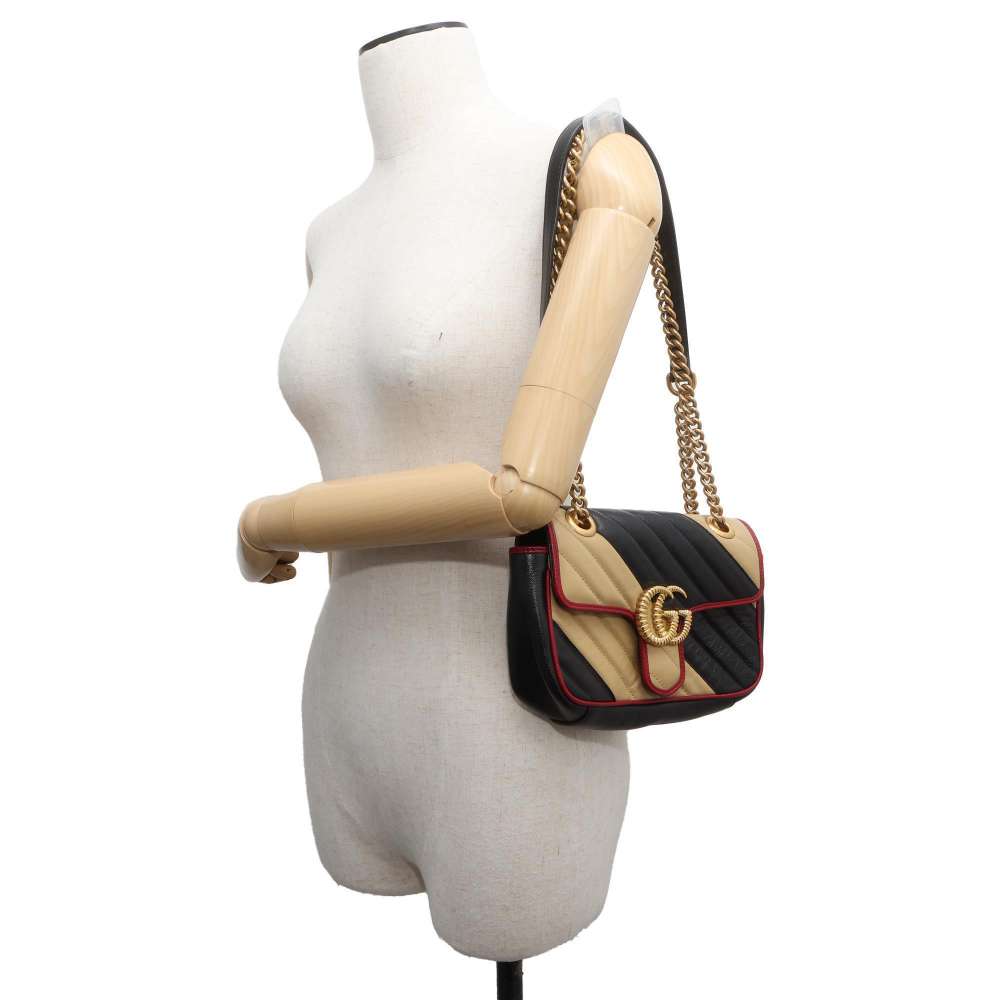 GUCCI GG Marmont ChainShoulder Bag Black/Beige 446744 Leather