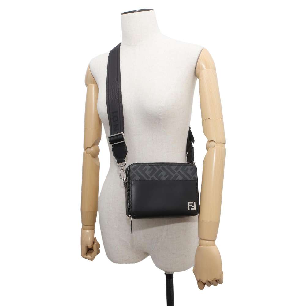 FENDI Zucca Organizer Shoulder Bag Black/Gray 7M0357 PVC Coated Canvas Leather