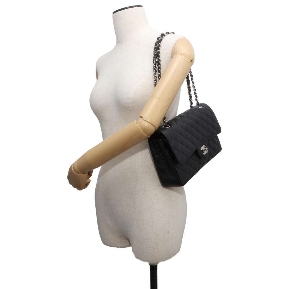 Chanel Matelasse W Flap ChainShoulder Bag Black A01112 Caviar Leather Size 25