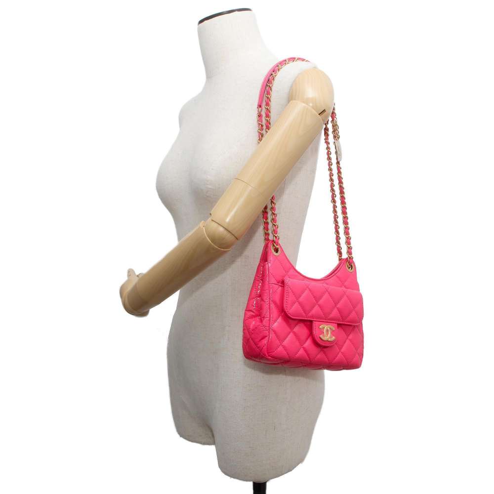 Chanel Matelasse CC Logo Hobo Bag Pink AS3710 Shiny Calf Leather