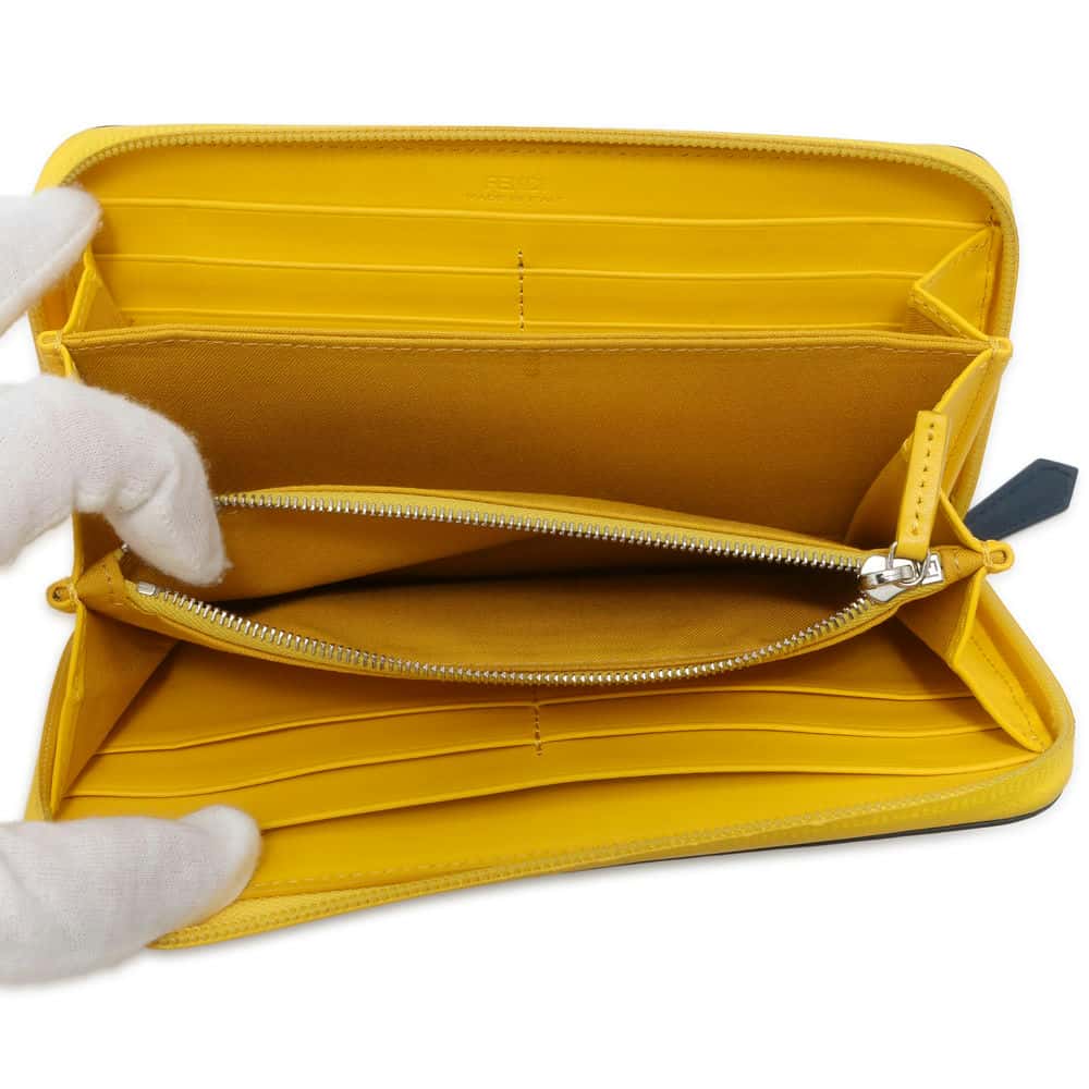 FENDI Monster Round Zip Long Wallet Navy/Yellow 7M0210 Leather