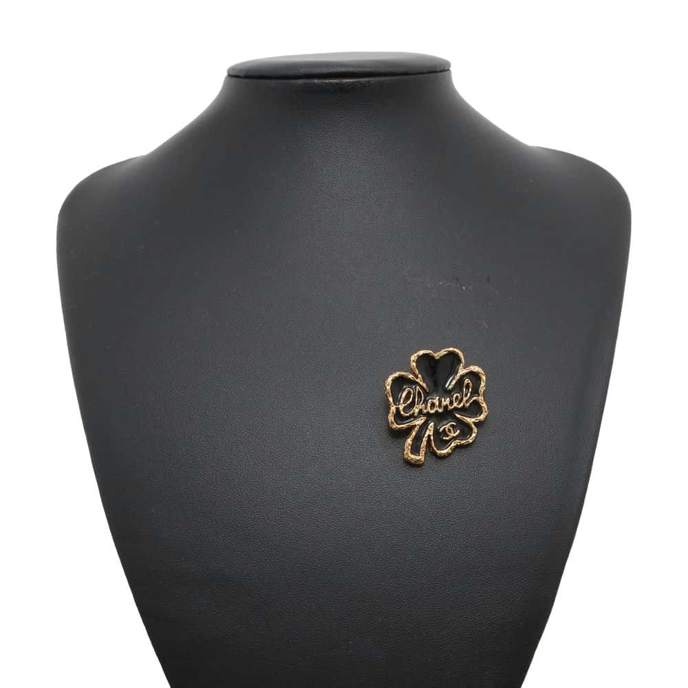 CHANEL Brooch Clover Black/Gold ABC961 Metal
