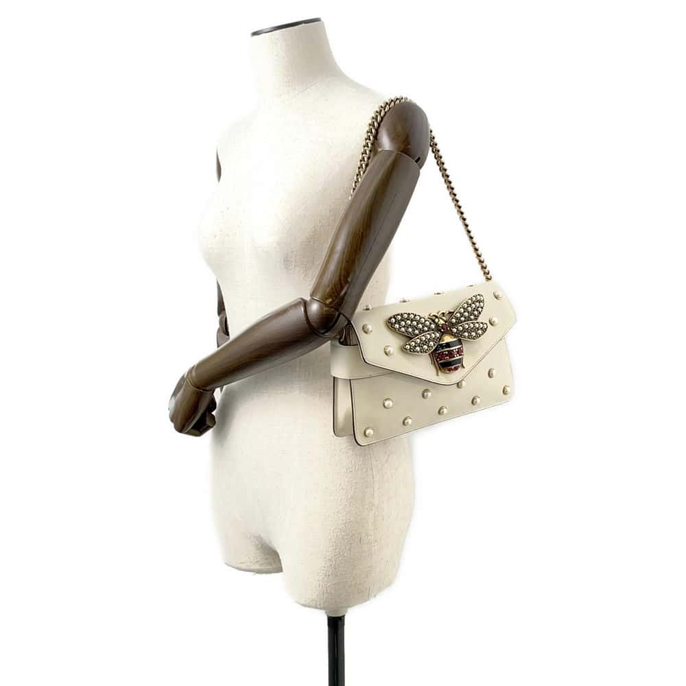 GUCCI Broadway ChainShoulder Bag White 453778 Leather Faux Pearl Rhinestone