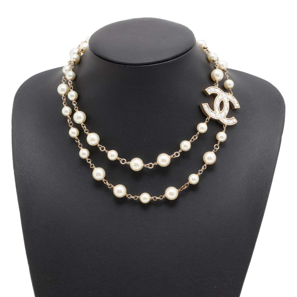 Chanel CC Logo Long Necklace Champagne Gold Metal Faux Pearl