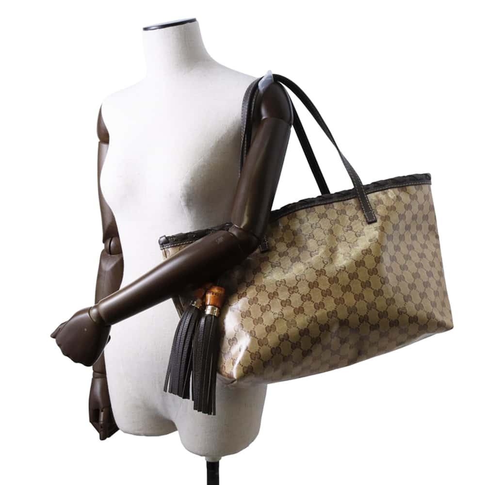 GUCCI GG Crystal Bamboo Tassel Tote Bag Brown/Beige 354665 PVC Coated Canvas Leather
