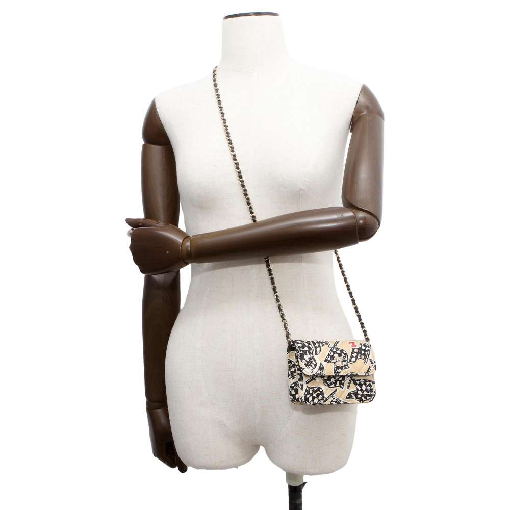 Chanel Matelasse Checkered Flag Mini Shoulder Bag Beige/Black/White Canvas Leather
