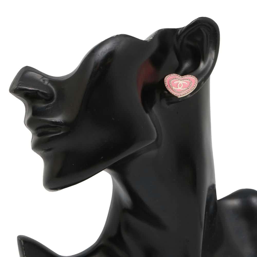 Chanel CC Logo Heart Earrings Pink Metal Rhinestone
