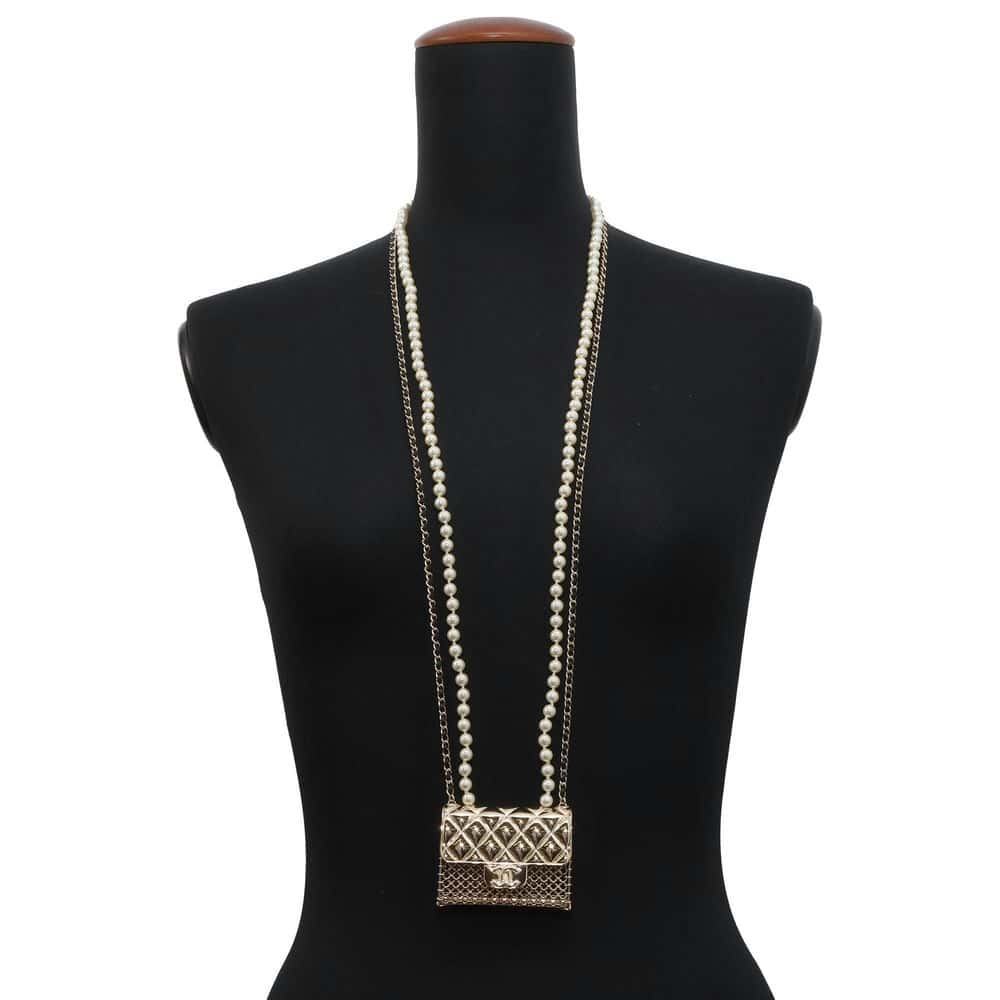 Chanel Matelasse Bag Motif Long Pearl/Chain Necklace Gold AB6135 Metal Leather Faux Pearl