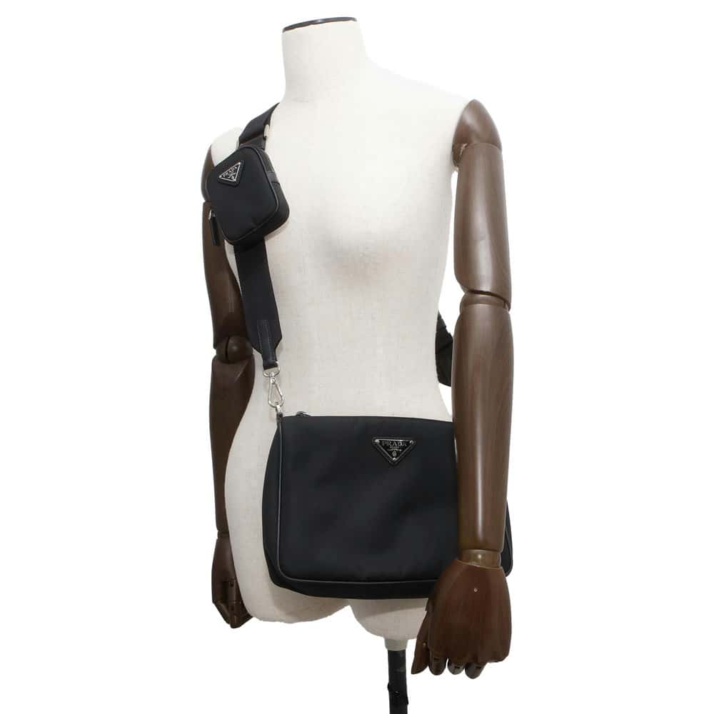 PRADA Tessuto Shoulder Bag with Pouch Black 2VH113 Nylon Leather
