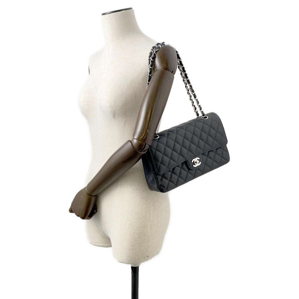 Chanel Matelasse W Flap ChainShoulder Bag Black A01112 Caviar Leather Size 25
