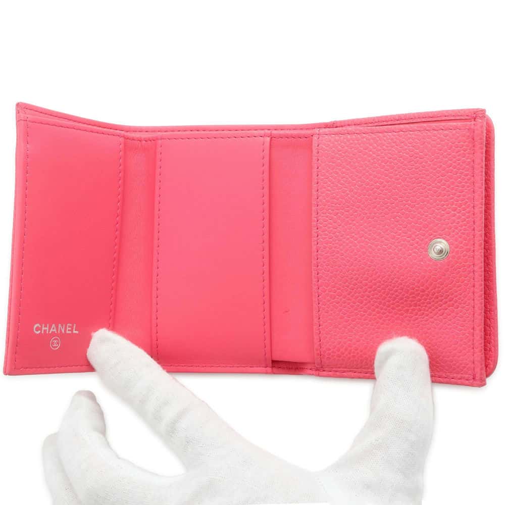 Chanel Camellia Embossed Flap Tri-Fold Compact Wallet Pink AP0116 Caviar Leather