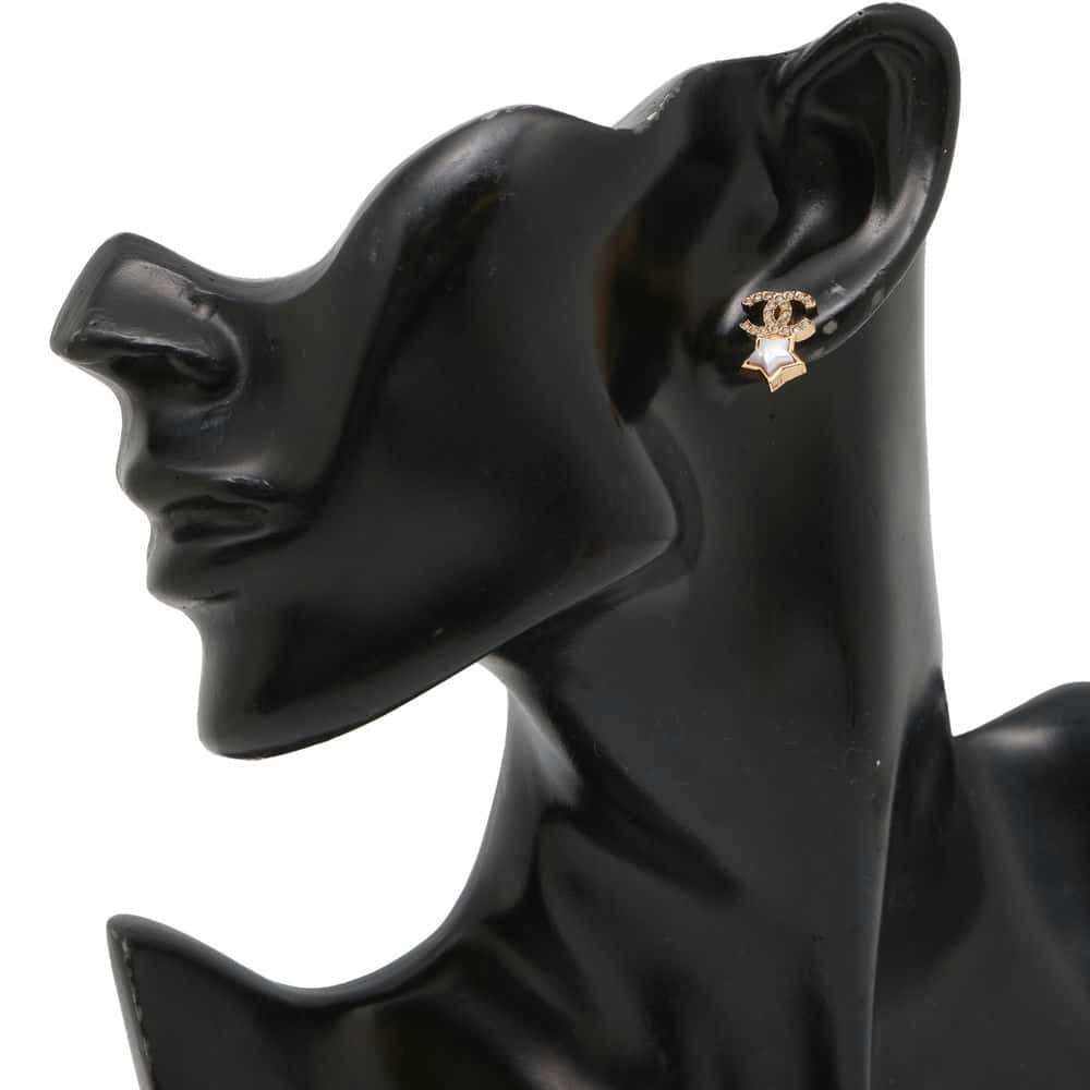 Chanel CC Logo Star Earrings White/Gold ABC823 Metal Rhinestone