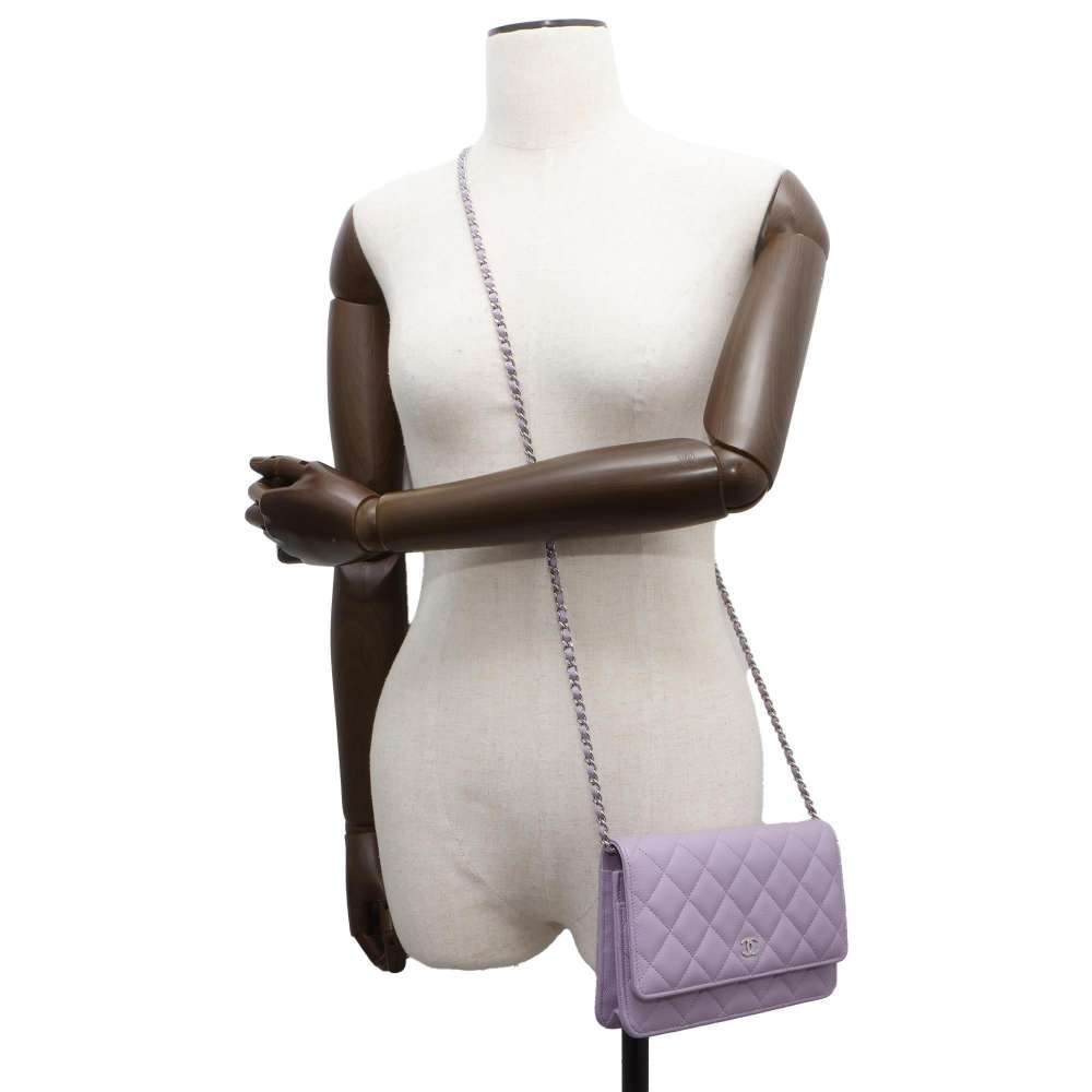 Chanel Classic Matelasse CC Logo Chain Wallet Light Purple AP0250 Caviar Leather