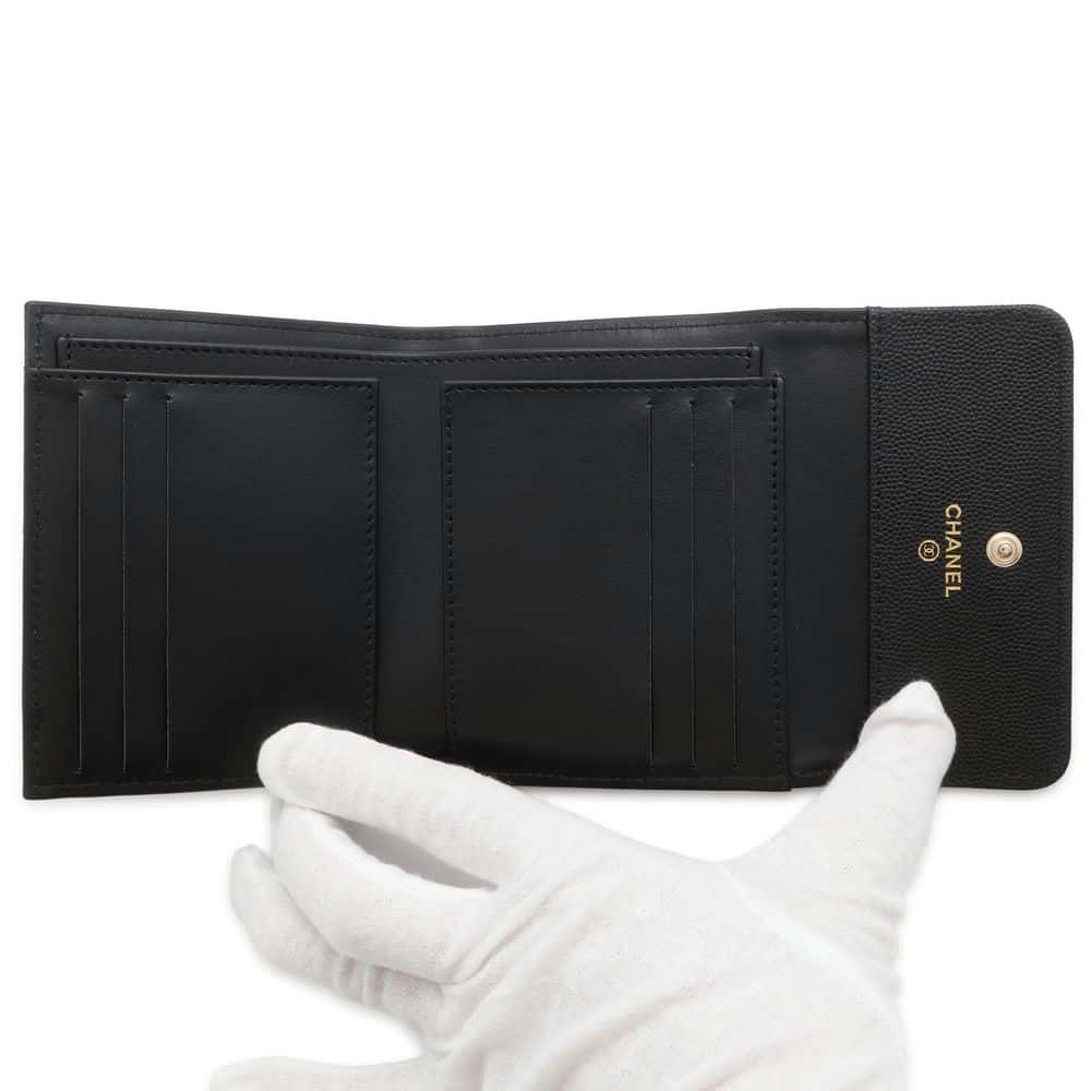 Chanel Matelasse Rhinestone CC Logo Tri-Fold Wallet Black AP4175 Caviar Leather