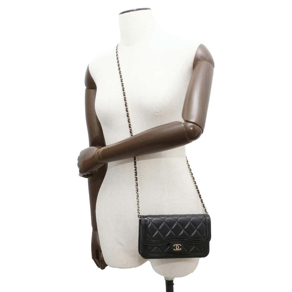 Chanel Matelasse Chain Phone Case Black AP3559 Lambskin Patent Leather