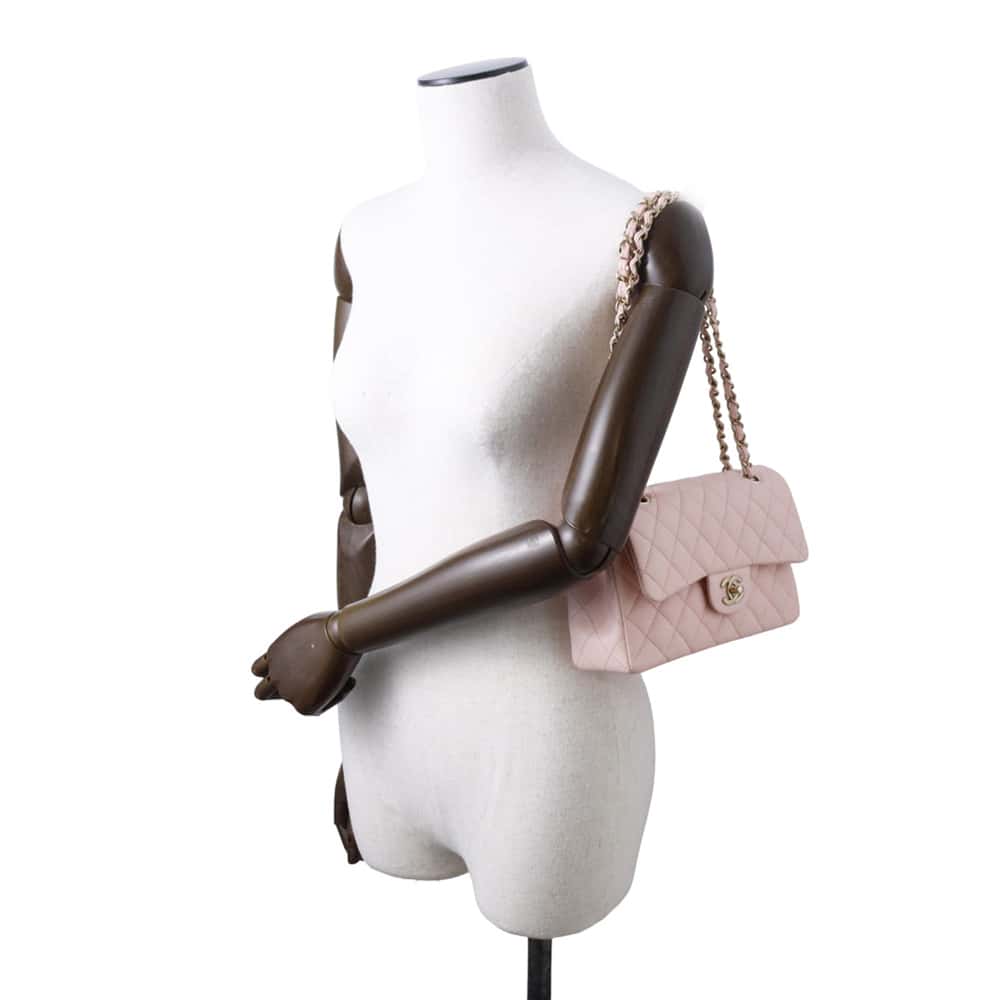 Chanel Matelasse W Flap ChainShoulder Bag Pink A01113 Caviar Leather Size 23
