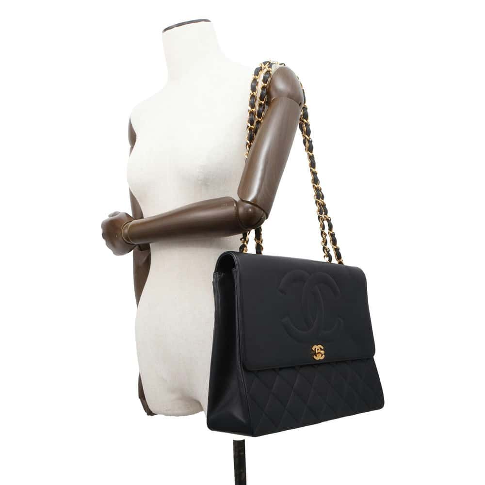 Chanel Jumbo Matelasse CC Logo ChainShoulder Bag Black Lambskin Size 34