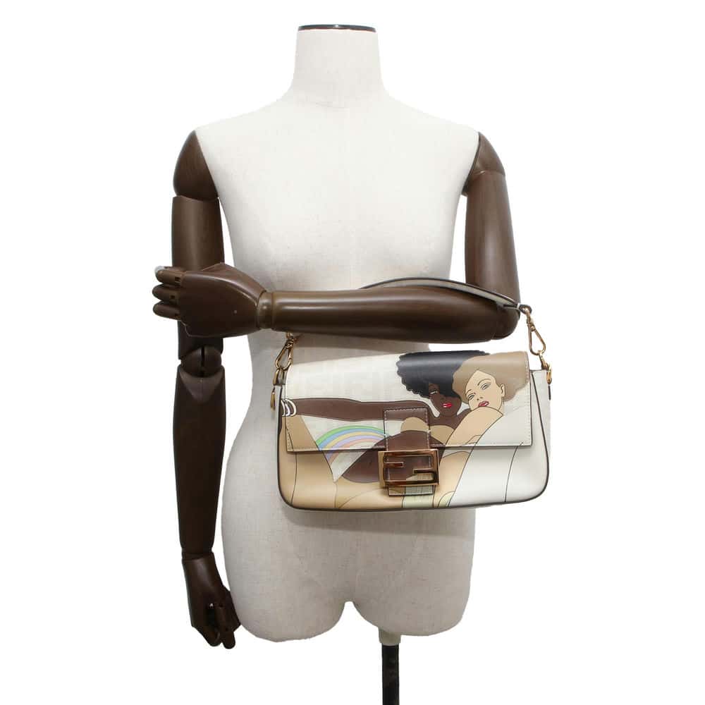 FENDI Mamma Baguette Antonio Lopez White/Brown 8BR600 PVC Coated Canvas Leather Size Medium