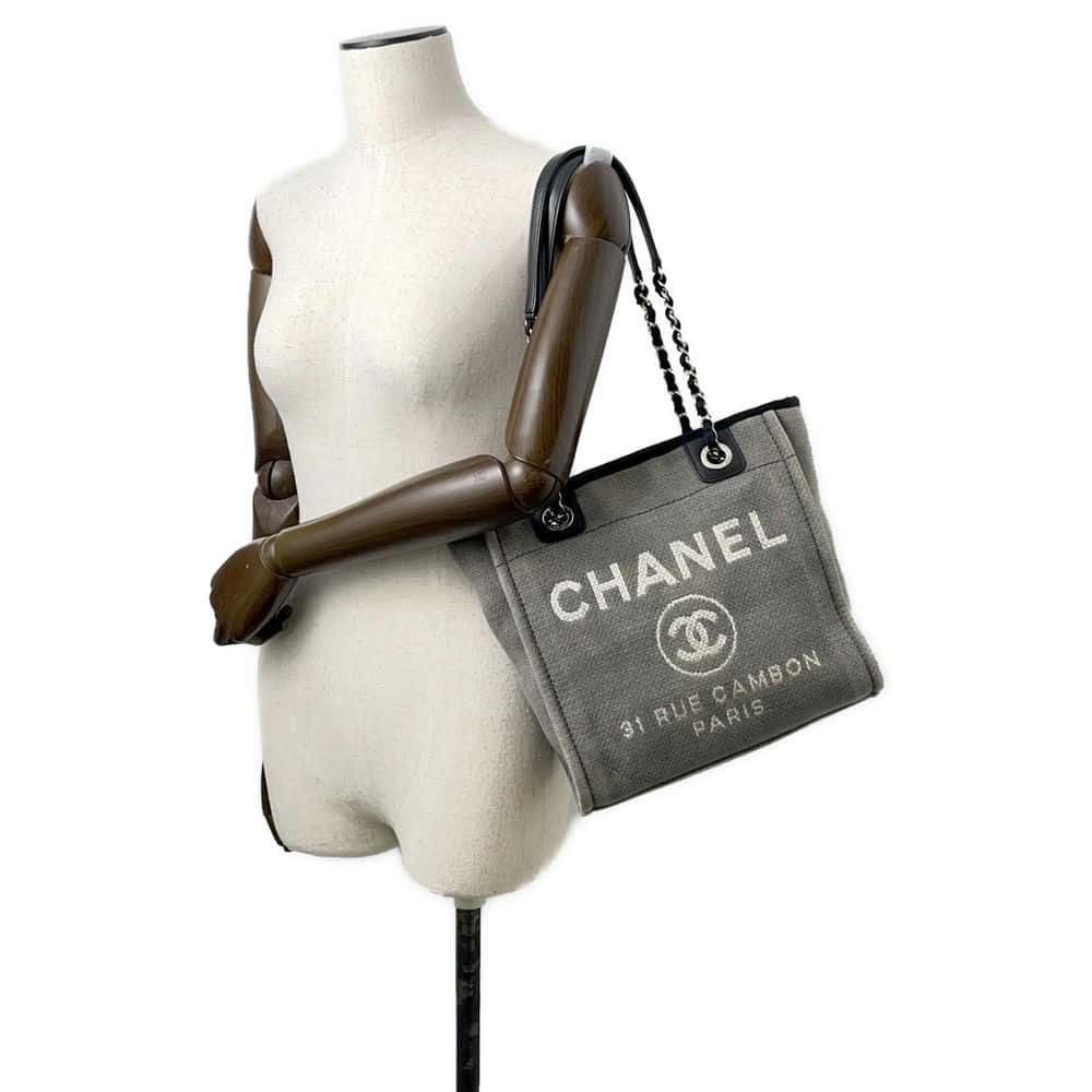 Chanel Deauville Chain Tote Gray/Black A66939 Canvas Leather Size PM