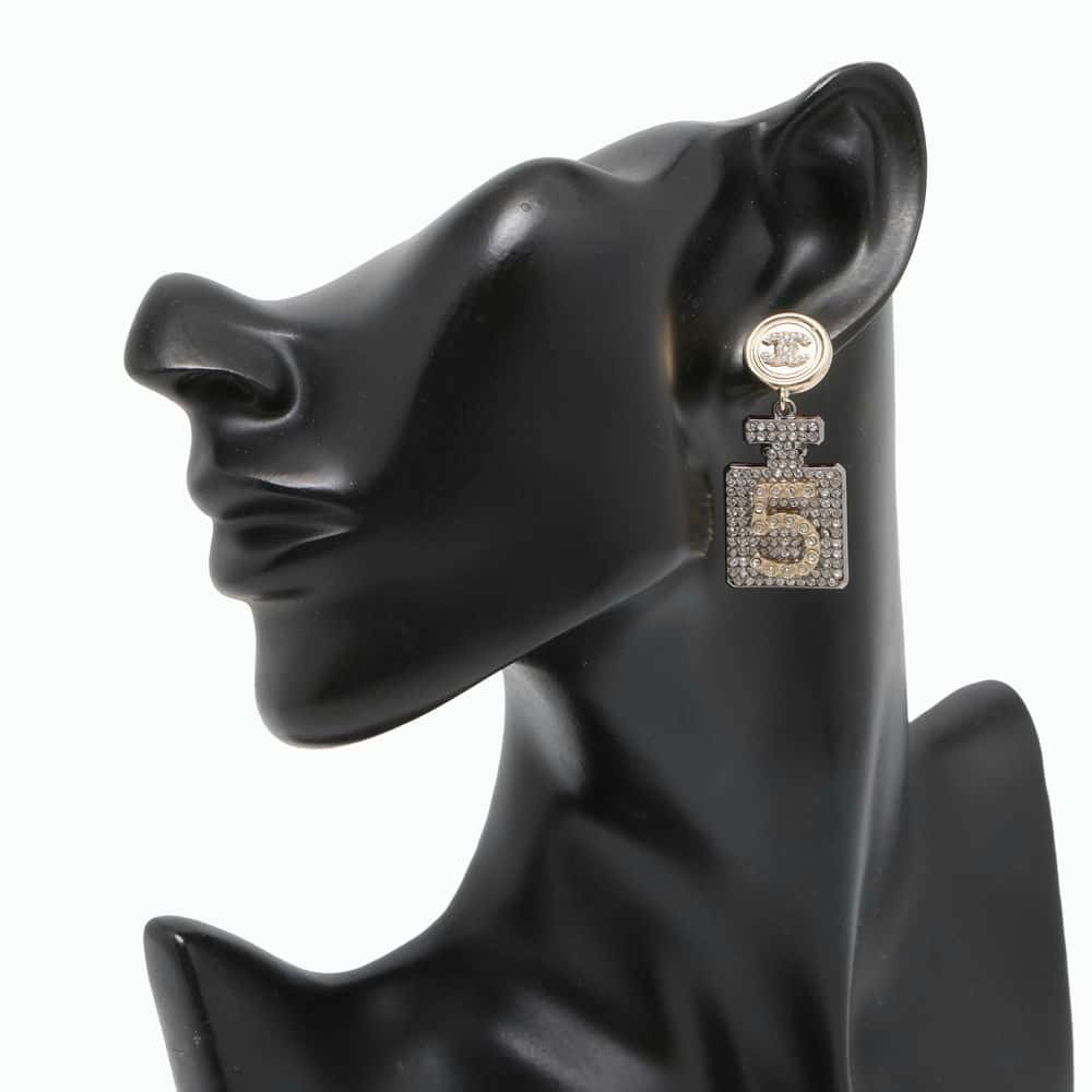 Chanel Round CC Logo Perfume Bottle Earrings Gold Metal Rhinestone